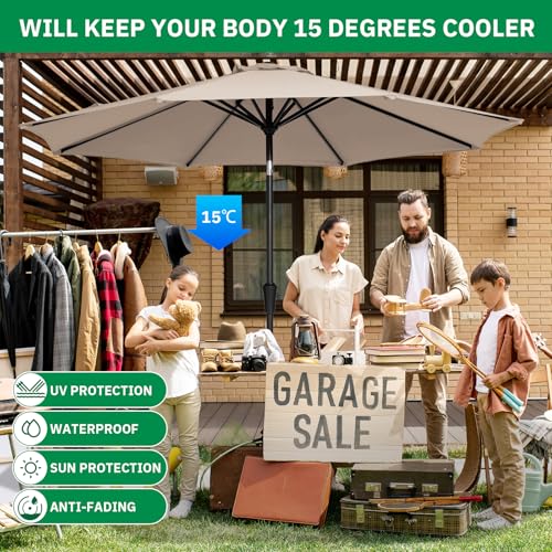MEWAY 9ft Patio Umbrella Outdoor Table Umbrellas with Push Button Tilt and Crank, Market Umbrella 8 Sturdy Ribs for Deck, Garden, Pool and Backyard, Beige