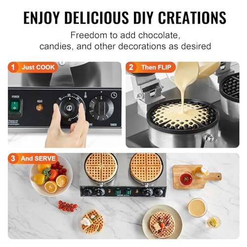 VEVOR Commercial Waffle Maker, Dual-Head Round Waffle Baker Machine, 2460W Non-Stick Stainless Steel Belgian Waffle Iron with Temp and Time Control, Handle, for Restaurant Bakery Snack Bar Family