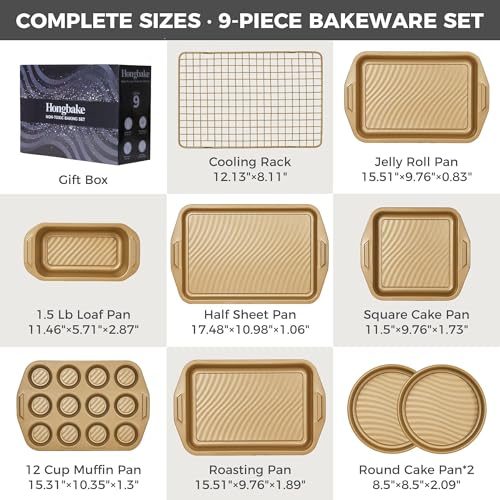 HONGBAKE 9-Piece Nonstick Bakeware Set, Wave Texture for Easy Release, 0.8mm Thick Non-Toxic Baking Pans Set, Includes Stackable Cookie Sheets, Antique Gold