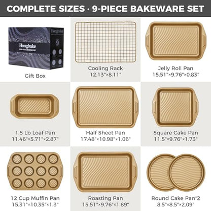 HONGBAKE 9-Piece Nonstick Bakeware Set, Wave Texture for Easy Release, 0.8mm Thick Non-Toxic Baking Pans Set, Includes Stackable Cookie Sheets, Antique Gold