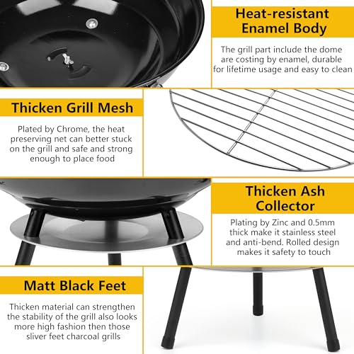 14Inch Portable Outdoor Charcoal Grill, Leonyo Small Tabletop BBQ Charcoal Grill Enamel Coated for Backyard Cooking, Camping, Picnics, Garden, Beach, Black