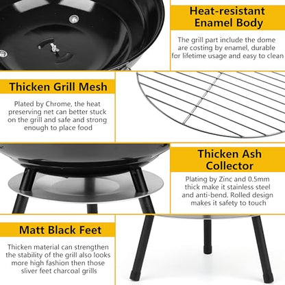 14Inch Portable Outdoor Charcoal Grill, Leonyo Small Tabletop BBQ Charcoal Grill Enamel Coated for Backyard Cooking, Camping, Picnics, Garden, Beach, Black
