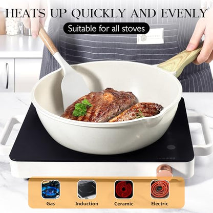 GiPP Nonstick Deep Frying Pan Skillet, 9.5" Saute Pan with Lid, Granite Induction Cookware Non Stick Cooking Pan, PFOA PFOS APEO Free, White