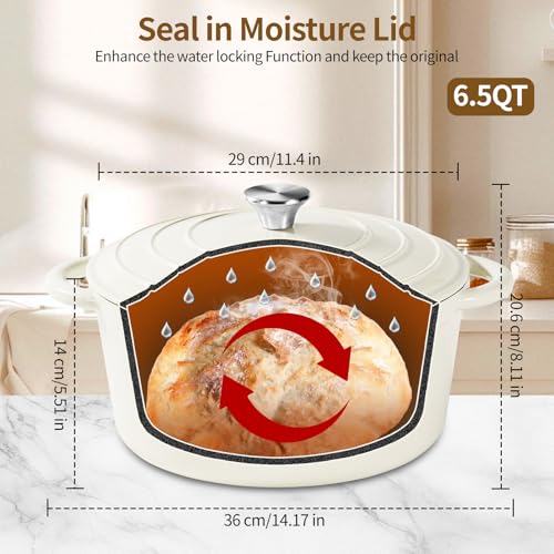 Blingco Enameled Cast Iron Dutch Oven with Lid -6.5 QT, incl. Sourdough Bread-Baking Supplies like Banneton Proofing Basket, Heavy Duty Cookware Bread-Oven for Baking, Stews, and Roasting, Cream White