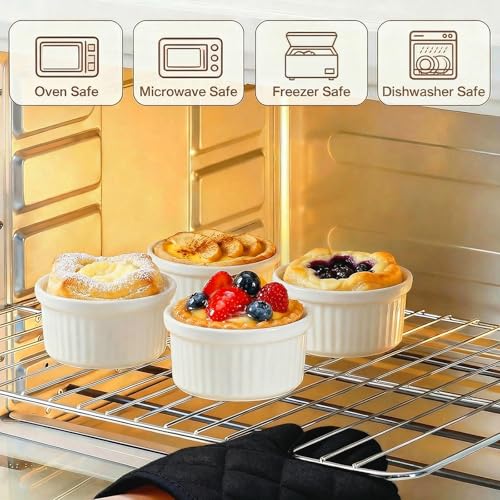 Ramekins 16 oz Oven Safe, Creme Brulee Ramekins with Lids, White Ceramic Souffle Dishes Ramekin, Mini Baking Bowls with Cover Set of 4, Ramekin Assorted Sizes - Dishwasher and Oven Safe