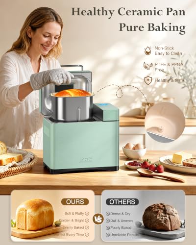 KBS 2.2LB Bread Maker, 710W Convection Bread Machine with Dual Heaters, Healthy Nonstick Ceramic Pan, Auto Nut Dispenser, 17-in-1 Bread Maker Machine for Gluten-Free, Touchscreen, 15H Delay Timer