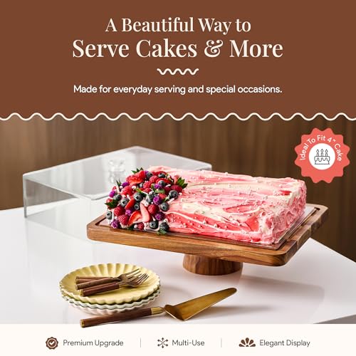 HOMESPHERE Acacia Wood Cake Stand with Lid - Rectangular Cake Holder, 2-in-1 Dessert Table Display Set & Charcuterie Board for Cheese, Chips, Fruit Platter, Large Acrylic Cake Dome Cover, No Glass