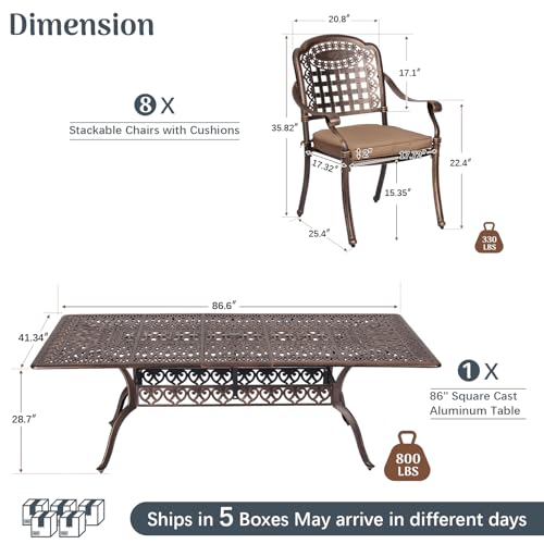Redlife 9-Piece Cast Aluminum Outdoor Dining Set, 86" Rectangular Patio Table with Umbrella Hole, 8 Stackable Chairs with Cushions, Lattice Backrest, All-Weather Waterproof Patio Furniture Set