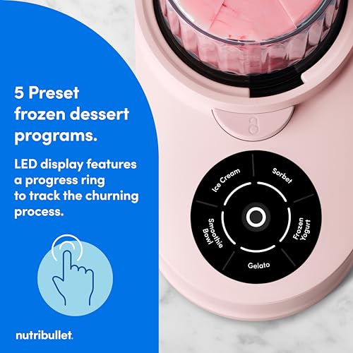 nutribullet Chill Ice Cream Maker, for Gelato, Sorbet, Frozen Yogurt, Smoothie Bowls, Compact Size, (2) Dishwasher Safe 16 oz. Pint Cups with Lids, Cotton Candy Pink, NBD50100CCP