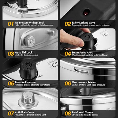 KOCH SYSTEME CS Stainless Steel Pressure Cooker 8.5 Quart, 3-in-1 Olla de Presion, One-Hand Locking, 3 PSI Settings Stovetop Pressure Cookers, induction Pressure Cooker, Glass Lid & Steamer, 8.5QT