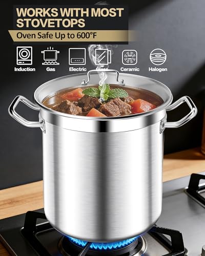STOCKPOT Stainless Steel 20 Quart Stockpot with Tempered Glass Lid, 3-Ply Base, 8.8 lbs, Polished Finish, Suitable for Stovetop and Oven, Dishwasher Safe