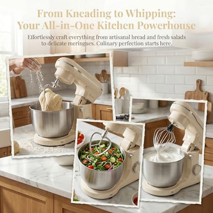 10 Speeds Stand Mixer With Bowl 6.5QT Stainless Steel, Electric Kitchen Stand Up Mixer for Baking Cakes Cookie Bread Salad Food with Egg Whisk, Dough Hook, Flat Beater - Portable Baking Mixers White