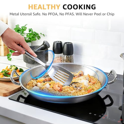 LOLYKITCH 14 Inch Tri-ply Stainless Steel Paella Pan with Lid, Detachable Handle Skillet, Induction Compatible Flat Bottom, Rust Proof & Warp Resistant, Large Oven Safe Cookware for Family of 5-8