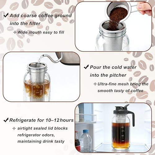 Cold Brew Coffee Maker 32 Oz Wide Mouth Mason Jar Pitcher With stainless steel Filter 1 Quart Airtight & Leak-Proof cold brew pitcher with pour spout lid and handle For iced Coffee Tea and lemonade