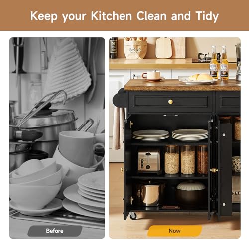 ONBRILL 58" Mobile Kitchen Island, Kitchen Island Cart with Power Outlet, Island Table for Kitchen, Home Bar Carts with Storage, Kitchen Rolling Island with Spice Rack & Towel Rack & Knife Holder
