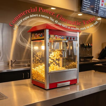 1600W Commercial Popcorn Machine, 16 Oz Kettle Countertop Popcorn Maker with Warming Deck, Removable Stainless Steel Kettle, 3-Switch Control, for Concession Stand Carnival School Events, Pink