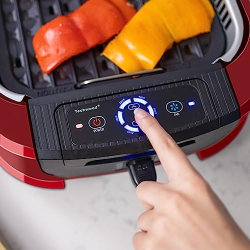 Indoor Smokeless Grill, Techwood 1500W Electric BBQ Grill with Temperature Control, Korean Grill Removable Non-Stick Grill & Griddle Plates, Tempered Glass Lid, Red