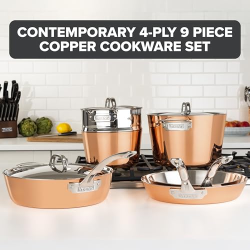 Viking Contemporary 4-Ply Pots and Pan Set, 9 Piece Copper Kitchen Cookware with Metal Lids