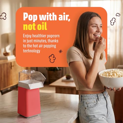 Wumple Hot Air Popcorn Machine - 14-Cup Electric Popcorn Popper, Oil-Free, 1200W - Includes Measuring Cup - Home Popcorn Maker for Movie Nights - Red