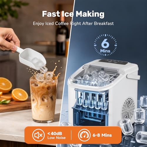 Sweetcrispy Countertop Ice Maker with Scoop, Basket and Handle, Portable Ice Machine 9 Cubes Ready in 6 Mins, 26.5lbs in 24Hrs, 2 Sizes for Home Kitchen Office Bar Party