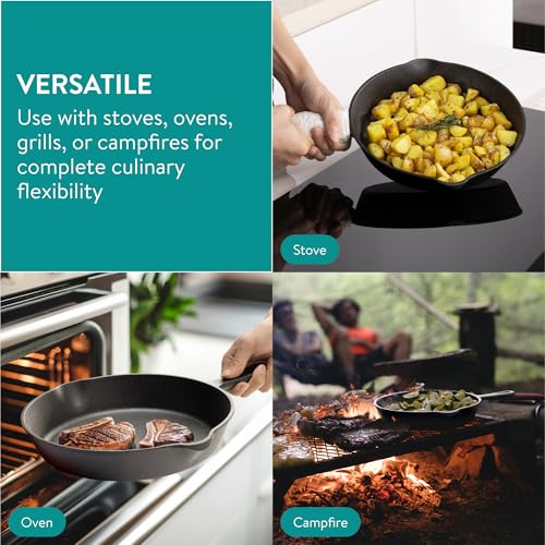 Navaris Cast Iron Skillet - 6/8/10 inch(15/20/25cm) Pre-Seasoned Frying Pan, Pour Spouts, for Oven, Stovetop, Grill & Campfire, Non-Toxic, Heavy-Duty, Even-Heating Cookware