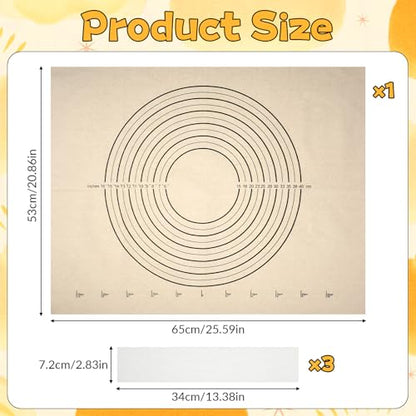 Set of 4 Large Cotton Pastry Mat, 25 X 20 Inch Heavy Cotton Canvas Cloth Pastry Mats, Pastry Cloth and Rolling Pin Cover Set, Rolling Pin Cover Sleeves for Dough Bread Pie Baking Kitchen Supplies