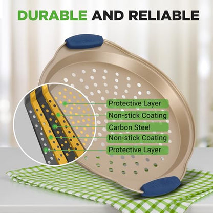 NutriChef 3-Piece Pizza Tray Set with Silicone Handles - Round Nonstick Pizza Pan with Perforated Holes, Durable Carbon Steel, Small, Medium, Large Sizes - Ideal for Crispy, Evenly Baked Pizzas (Gold)
