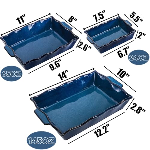 Peohud 3 Pack Casserole Dishes for Oven, Ceramic Baking Dishes with Handles, Heavy Duty Rectangular Lasagna Pan, Porcelain Bakeware Sets for Cooking, Cake Dinner, Kitchen, Blue