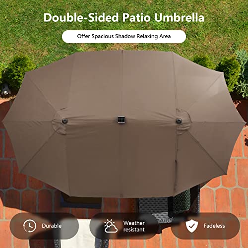 Tangkula 11 Pieces Patio Dining Set with 15 ft Double-Sided Patio LED Umbrella (Base Included), Outdoor Rattan Furniture Set with 8 Armchairs, 1 Rectangular Acacia Wood Dining Table (Tan)