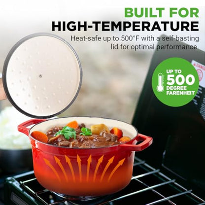 NutriChef Enameled Cast Iron Dutch Oven – 5 QT Pot with Lid, Cooking Pot with Moisture-Sealing Lid for Bread Baking, Stews, Braising, Roasting, Marinating & Slow Cooking – Oven Safe Up to 500°F