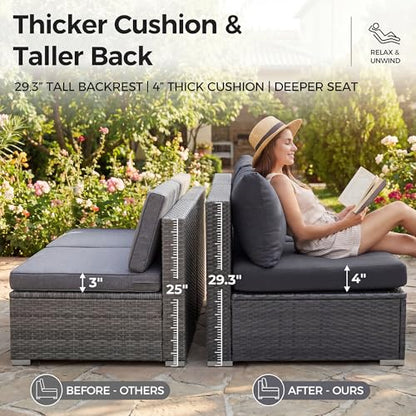 NICESOUL 11 Piece Extra Large Outdoor Furniture Sofa Set, Deep Wide PE Wicker Patio Modular Sectional with Fire Pit Table, 29.3'' High Back Modern Luxury All-Weather Rattan Conversation, Gray