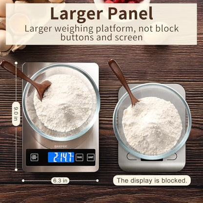 BakFee Food Scale, 33lb Digital Kitchen Scale with Stainless Steel & Tempered Glass, USB Rechargeable, 1g/0.05oz Precise Weighing, Splash-Resistant and Sturdy Surface, for Cooking, Baking, Weight Loss