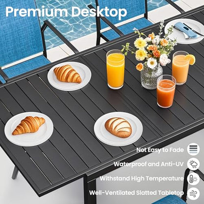 BUPPLEE 7-Piece Patio Dining Set with Expandable Rectangular Table (38"-84"), 6 Textilene Chairs, Outdoor Furniture for Garden, Deck, Backyard, Blue
