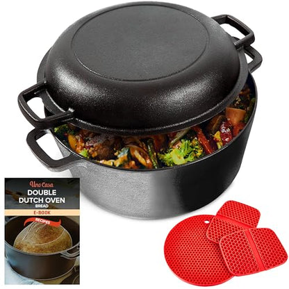 Uno Casa 2-in-1 Cast Iron Dutch Oven Large - 5 Quart Dutch Oven Pot with Lid, Pre-Seasoned Cooking Dish for Bread Baking and Stews - Heavy Duty Cast Iron Pot with Detachable Frying Pan Lid for Versatile Cooking