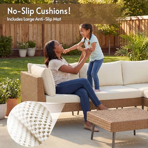 Rotihom 8-Piece Tight Weave Outdoor Patio Sectional, Luxe Outdoor Sofa with Premium Polyester & Ergonomic Design, All-Weather Patio Furniture Set for Backyard, Garden, Poolside (Beige)