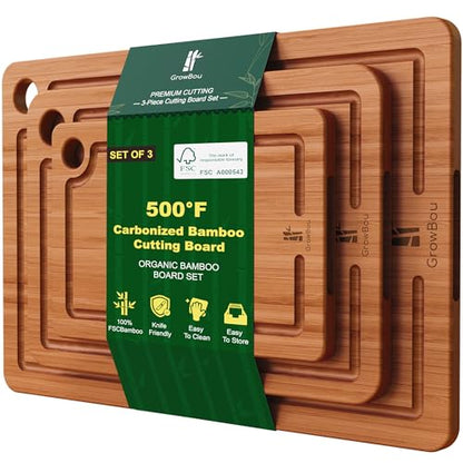Bamboo Cutting Boards for Kitchen, 3-Piece Set with Juice Grooves, Side Handles & Non-Slip Mats – Durable Bamboo Chopping Board for Meat, Vegetables and Fruits Ideal Kitchen Gifts