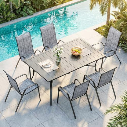 TLSUNNY 7 Piece Patio Dining Set for 6, Outdoor Table and Chairs W/1.6" Adjustable Umbrella Hole & Foot Pads, 63''x38'' Rectangular Metal Table and Stackable Textilene Chair (Grey)