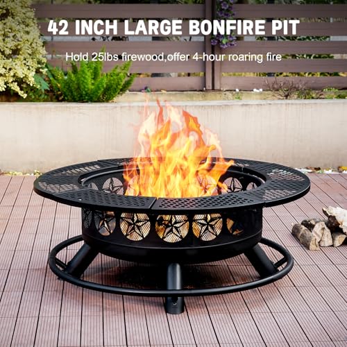 Verdeluxe 42 Inch BBQ Fire Pit with 2 Grills,3-in-1 Outdoor Round Metal Fire Pit Table with Lid,Fire Poker,Large Outdoor Wood Burning Firepits for Outside,Picnic,Bonfire Backyard Patio(Black)