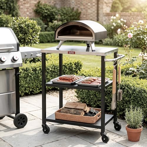 Feasto 3-Tier Outdoor Grill Cart, Rolling Pizza Oven Table with Compact 26.6" x 16.1" Stainless Top for Pizza Ovens & Griddles, Outdoor Bar Cart with S-Hooks for Patio Parties, Deck Dining & Camping