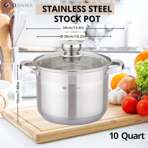 Daniks Standard 10 Quart Stainless Steel Stock Pot with Glass Lid, Tri-Ply Bottom for Even Heating, Induction Compatible, Dishwasher Safe, Built-In Measuring Scale, Silver