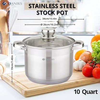 Daniks Standard 10 Quart Stainless Steel Stock Pot with Glass Lid, Tri-Ply Bottom for Even Heating, Induction Compatible, Dishwasher Safe, Built-In Measuring Scale, Silver