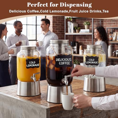 Acellegic 2 Pack 1 Gallon Cold Brew Coffee Maker Iced Coffee Maker with Stainless Steel Filter, Lid & Spigot Heavy Duty Glass Cold Brew Pitcher Drink Dispenser Thick Iced Tea Pitcher for Fridge