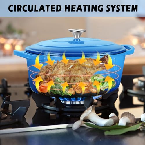 TeamFar Oval Dutch Oven, 5qt Enameled Cast Iron Dutch Oven Pot with Lid, For Bread Baking/Stewing/Braising/Frying, Suitable for Various Stoves, Dual Handles & Easy Cleanup, Blue