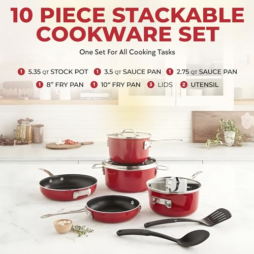 Gotham Steel 10 Piece Pots and Pans Set Non Stick Cookware Set, Kitchen Cookware Sets, Pot and Pan Set, Pot Set, Non Toxic Cookware Set, Frying Pan Set, Dishwasher Safe