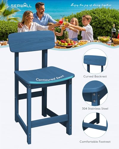 SERWALL Outdoor Bar Table and Chairs Set, 5-Piece HDPE Counter Height Patio Dining Sets with Storage and Wine Rack, Rectangular High Top Bar Table with 4 Bar Stools for Garden, Backyard, Blue