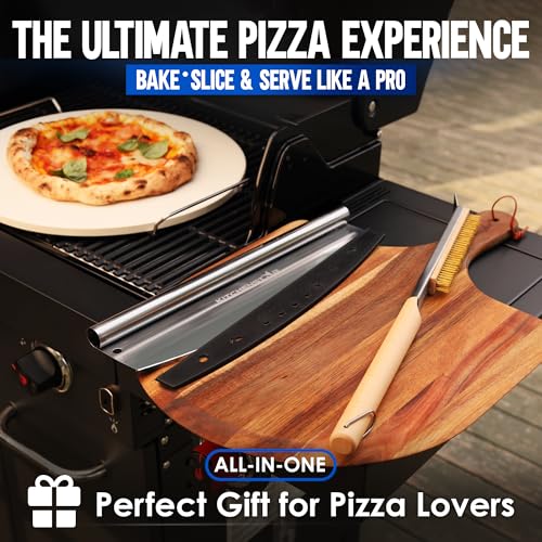 KitchenStar 16-inch Pizza Making Set, 6 PCS - Pizza Stone + Stainless Steel Rack, Acacia Wood Pizza Peel, Pizza Cutter Rocker + Protective Cover, Metal Brush - Oven & Grill Accessories Kit