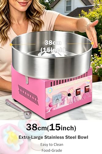 Commercial Cotton Candy Machine 1000W, 3-4 Per Minute, 38cm Stainless Steel Bowl, Easy Double Switch, Sugar Scoop, for Carnival Party Commercial Events (US Plug)