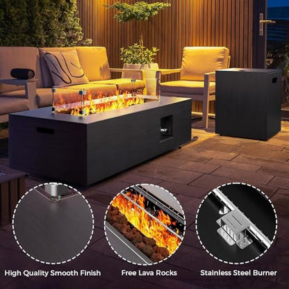 Jocoevol Fire Pit Table 50,000 BTU 42" Rectangular Propane Fire Pit Outdoor with Wind Guard Glass, Lid, Rocks and Cover Gas Fireplace for Deck or Patio