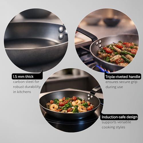 Restaurantware Met Lux 16 Inch Fry Pan, 1 No-Stick Frying Pan - Induction-Ready, Triple-Riveted, Silver Carbon Steel Cooking Skillet, Durable, For Searing, Sauteing, And Browning Food