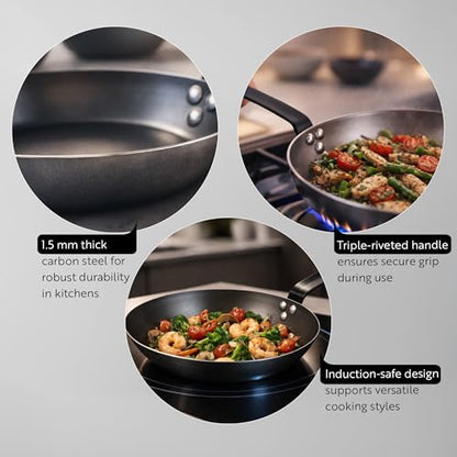 Restaurantware Met Lux 16 Inch Fry Pan, 1 No-Stick Frying Pan - Induction-Ready, Triple-Riveted, Silver Carbon Steel Cooking Skillet, Durable, For Searing, Sauteing, And Browning Food